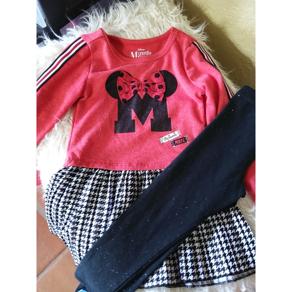Disney Minnie Mouse Red Houndstooth Dress & Cat & Jack Sparkle Leggings Set 3T